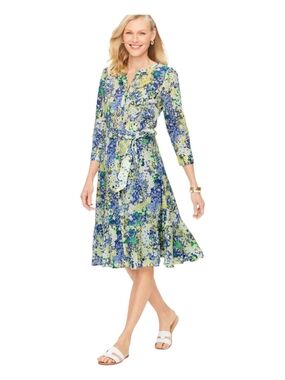 Talbots Blue & Green Floral Tie-Waist Midi Dress Size M 100% Cotton